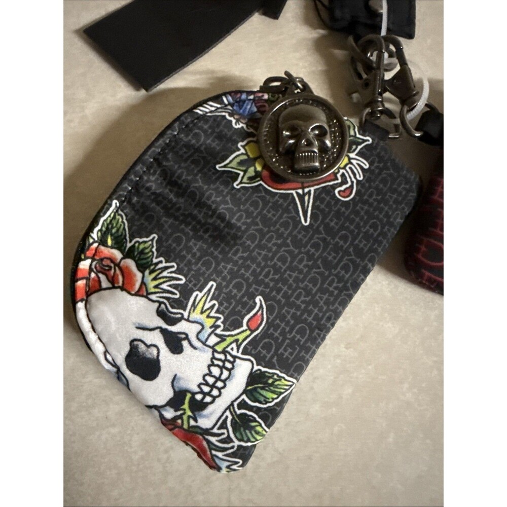 NWT Ed Hardy Double Pouch Wristlet - Skull & Hearts On Black With Logo - Picture 4 of 8